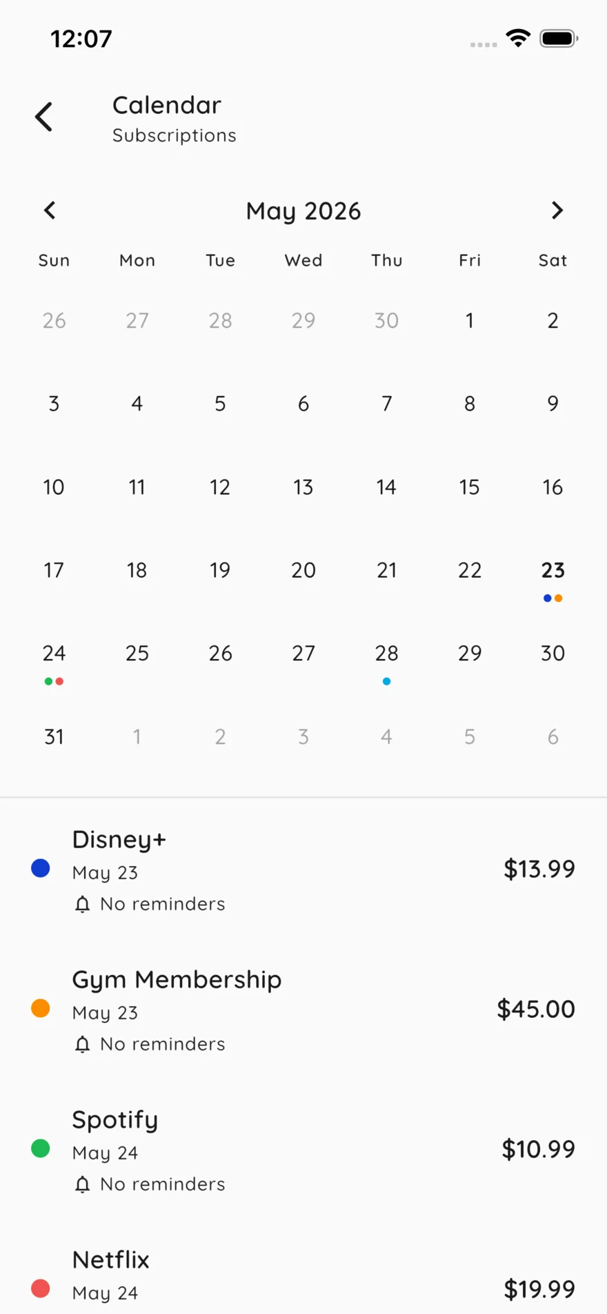 Bills44 calendar view with colored renewal dots across May