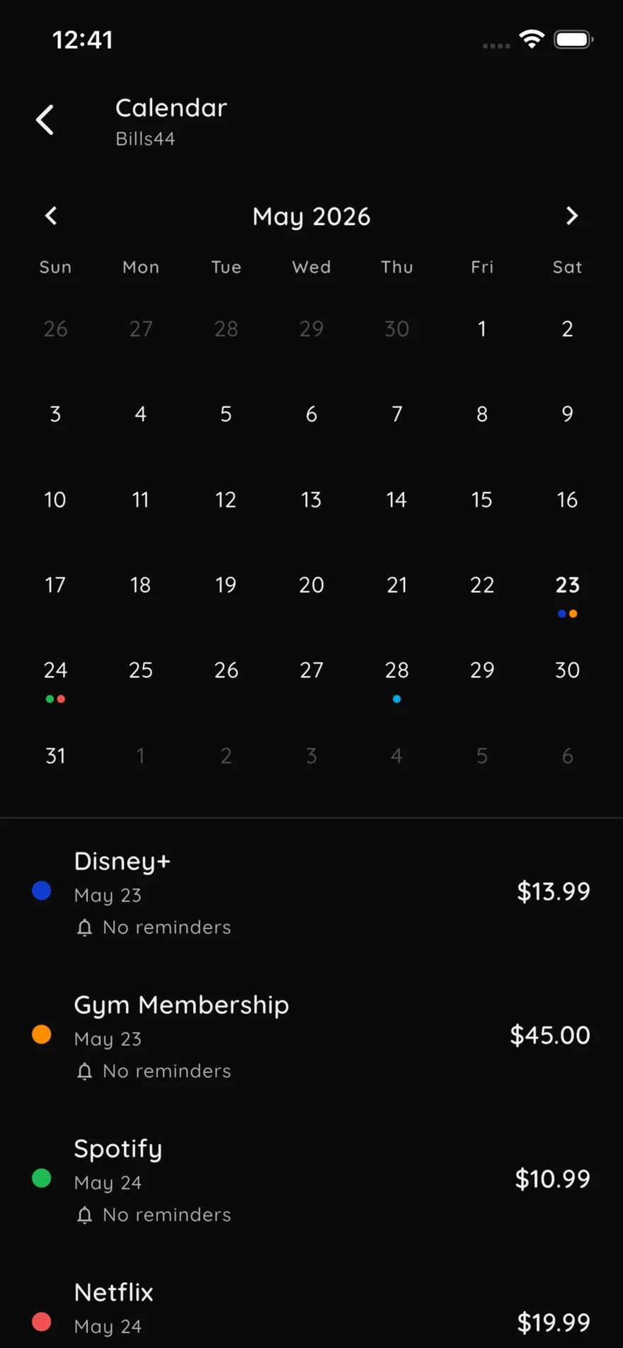 Calendar in dark theme