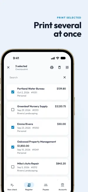 Register in selection mode with three checks ticked and a print button in the toolbar
