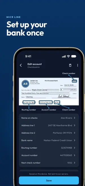Edit account screen with the MICR line's routing, account and check numbers labeled above the bank details form