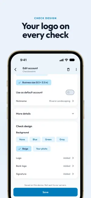 Check design settings with background tints (Blue, Green, Gray, Beige, your photo), logo, bank logo and signature